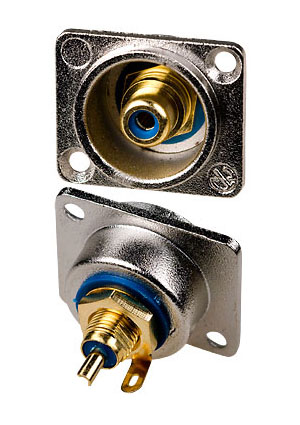 1-292G BL, гнездо RCA металл  на корпус с фланцем синий "позолоченный"