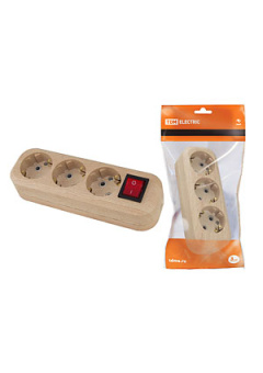 SQ1806-0049, Колодка розеточная 3 гнезда 2П+3 с выключателем16А 250В "Эко" (сосна)